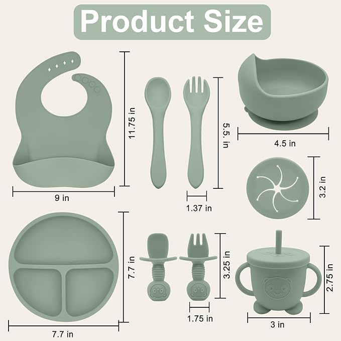 Silicone Baby Feeding Set | Baby Led Weaning Supplies Includes Suction Bowls and Divided Plates, Adjustable Bib, Baby Utensils Spoons and Forks,Cup | Baby Feeding Essentials (Light Green)