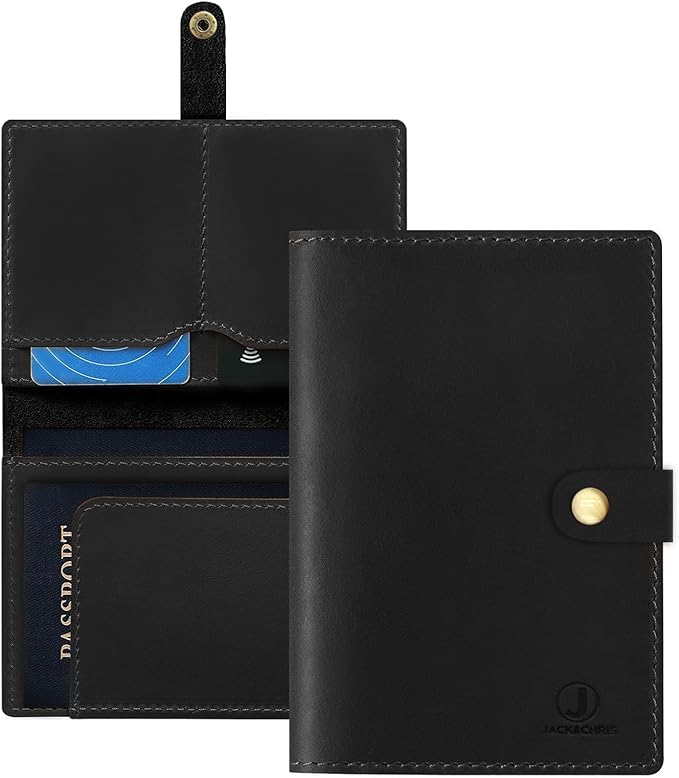 Jack&Chris Genuine Leather Passport Holder for Travel, RFID Blocking Handmade Passport Holder with Card Case Organized & Safe, Quality Travel Essentials for Women and Men for Gifting, Black
