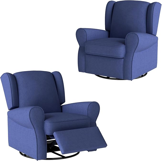 Swivel Rocker Recliner Chair Set of 2, Nursery Glider Chair, Nursery Rocking Chairs, Manual Reclining Chair, Blue