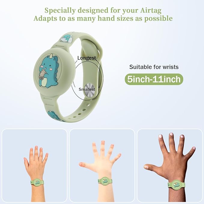 R-fun Waterproof Air Tag Bracelets[2 Pack] Compatible with Apple Air Tag Finders with Cartoon Pattern,Anti Lost GPS Item Finders Case Cover,Green Dinosaur/Blue Shark