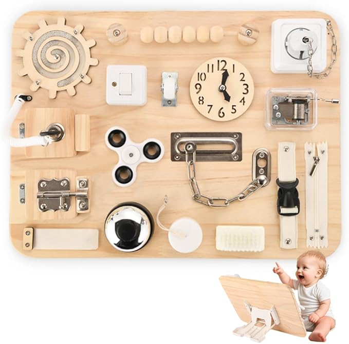 Wooden Busy Board for Toddlers - Montessori Sensory Activity Board for Fine Motor Skills and Early Learning - Travel Toys for Kids - Sensory Toys for autism or ADHD - Ideal for Educational Gifts