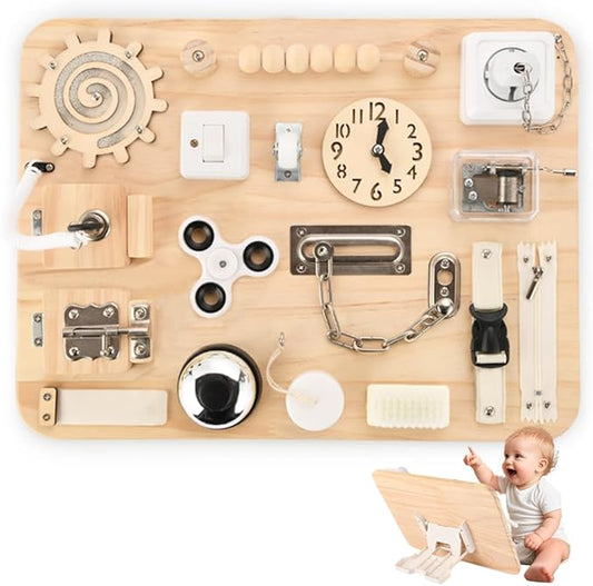 Wooden Busy Board for Toddlers - Montessori Sensory Activity Board for Fine Motor Skills and Early Learning - Travel Toys for Kids - Sensory Toys for autism or ADHD - Ideal for Educational Gifts