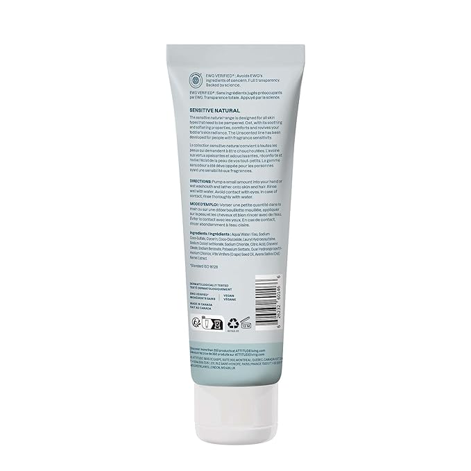 ATTITUDE 2-in-1 Shampoo and Body Wash for Baby, EWG Verified, Extra Gentle, Enriched with Oatmeal, Dermatologically Tested, Vegan, Unscented, 8 Fl Oz