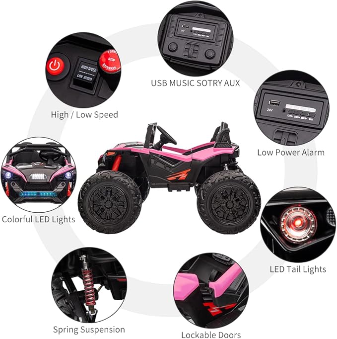 2 Seaters 24V Ride on UTV with Remote Control,10AH Battery, 400W Powerful Motors with 17" EVA Wheels, 20.5“ Seat Width Electric Ride Toy with Metal Suspension,LED Lights,Music,Horn (Rose)