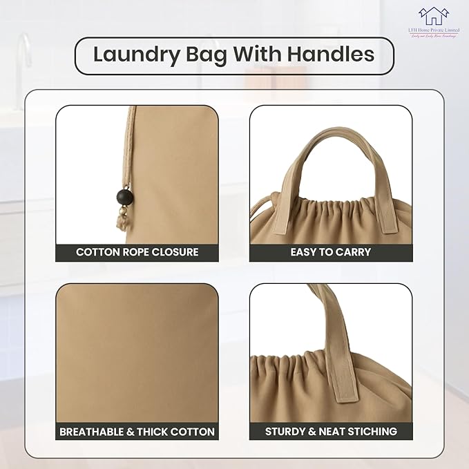 LFH Home Cotton Canvas Large Laundry Bag with Handle, Heavy Duty Drawstring Closure Washable Laundry Bags, School Travel, Home, Hotel, College Dorm, Organizer Sack, Toys Clothes 28x40-Beige