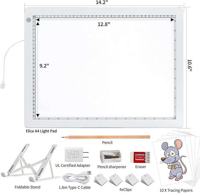 A4 LED Light Box for Tracing, elice Artist Drawing Lightbox Light Table Light Pad Light Copy Board, Up to 8000 Lux Super Bright Lightpad for Cricut Weeding Vinyl, Diamond Painting, Sketching (White)