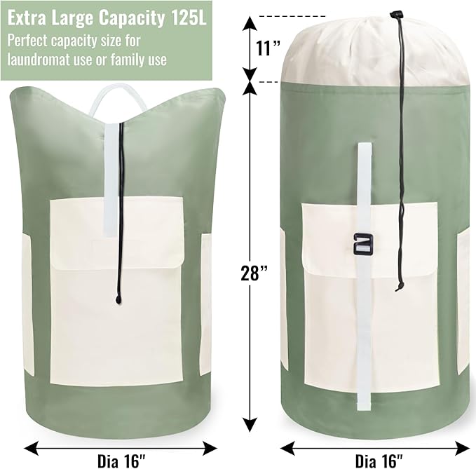 Laundry Bag Backpack, 125L Extra Large Travel with Shoulder Straps, Adjustable & Extendable Design, Laundry Hamper Bag with 3 Pockets for Laundromat, College, Travel, Camping (Green)