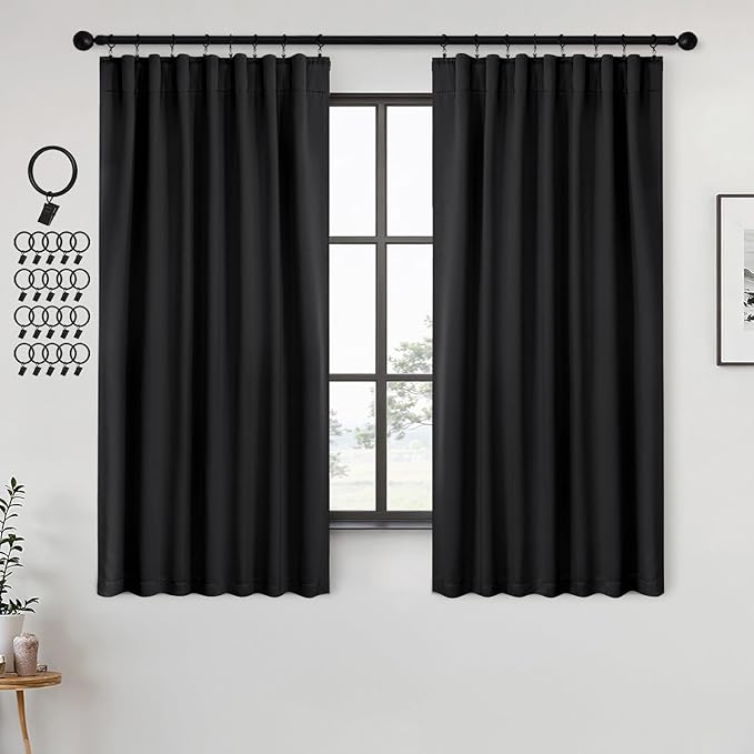 ANRODUO Back Tab Blackout Curtains for Bedroom Living Room, Rod Pocket Pinch Pleated Thermal Insulated Room Darkening Curtains 45 Inches Long 2 Panels, Black, 42 x 45 Inch