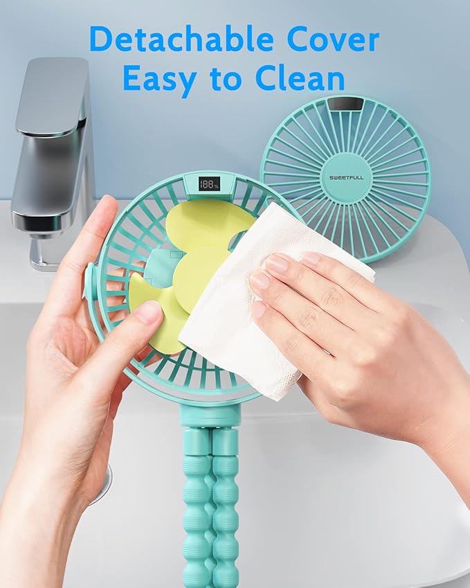 SWEETFULL Portable Stroller Fan with Display 4000mAh Battery Powered Mini Clip On Fan, 4-Speed Rechargeable Small Personal Cooling for Baby Car Seat Crib Travel - Cyan