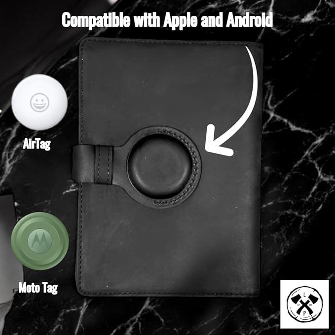 Genuine Leather AirTag Passport Holder and Wallet for Men and Women RFID Blocking for Secure Traveling and Documentation Organizer (Black)