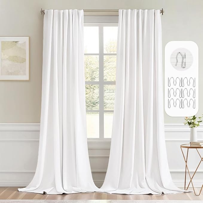 MIULEE Pure White Back Tab Blackout Curtains 108 Inch Long 2 Panels Set for Bedroom, Rod Pocket/Pinch Pleat Extra Long Thermal Insulated Living Room Darkening Pleated Light Blocking Drapes
