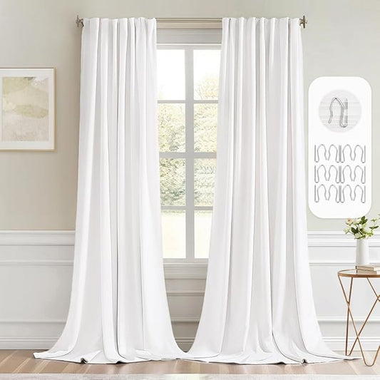 MIULEE Pure White Back Tab Blackout Curtain 96 Inch Long 2 Panels Set for Bedroom, Rod Pocket/Pinch Pleat Thermal Insulated Living Room Darkening Pleated Light Blocking Floor to Ceiling Drape