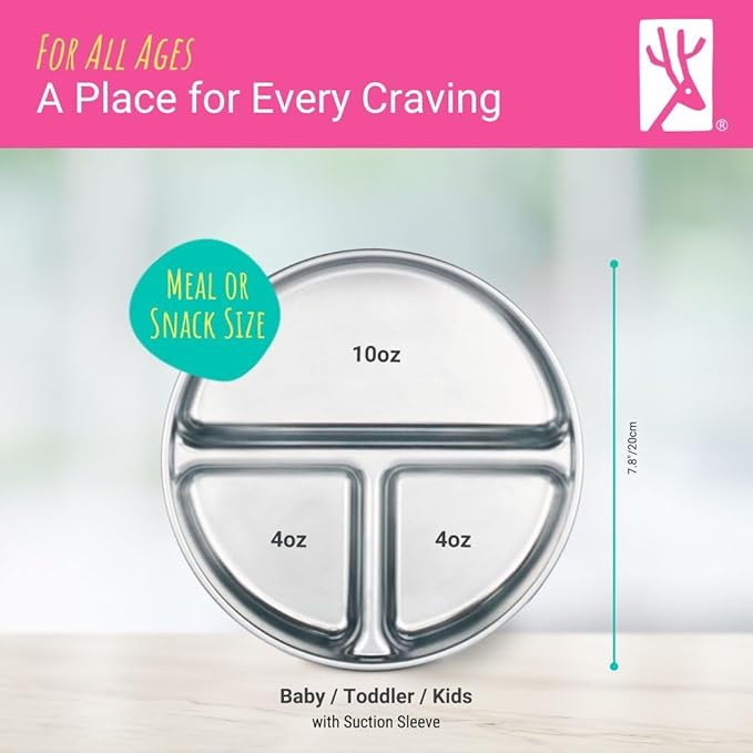 Elk and Friends Stainless Steel Divided Plates with Silicone Sleeve for Babies & Toddlers | Lids Included | Stay Put Suction | Dinner & Snack Plates | 4 Pack