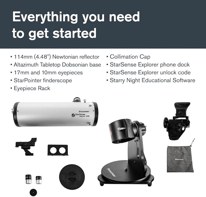Celestron StarSense Explorer 114AZ App-Enabled Telescope – 114mm Tabletop Dobsonian with Smartphone Dock & StarSense App – iPhone & Android Compatible – Easy-to-Use for Beginners