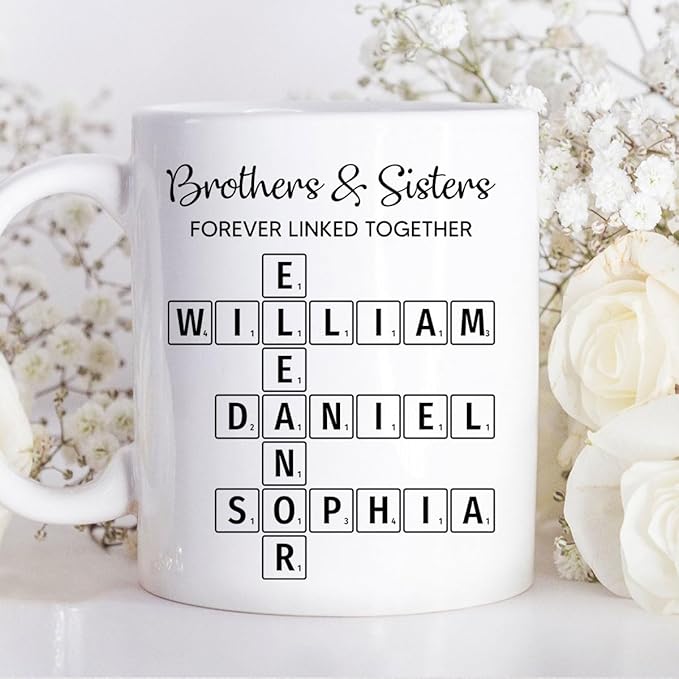 Trending Custom Brothers & Sisters Forever Linked Together Personalized White Mug Brothers Sisters Crossword Puzzle Art Mug, Gift For Brothers, Sisters, Siblings, Family Member on Birthday Christmas