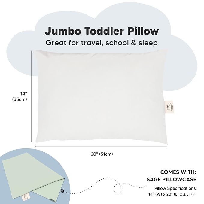 KeaBabies Toddler Pillow with Pillowcase, Jumbo 14X20 - Soft Organic Cotton Toddler Pillows for Sleeping - Machine Washable - Perfect for Travel, Toddler Bed Set (Sage)