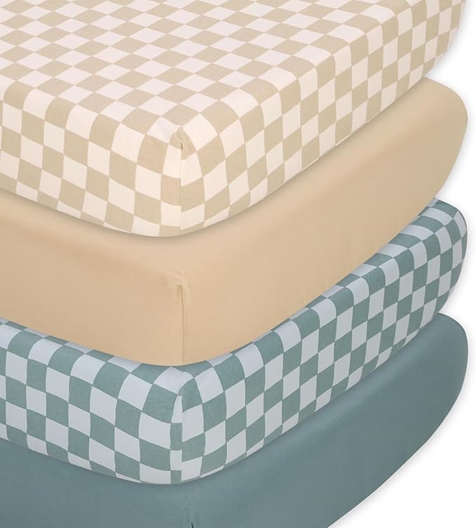 The Peanutshell 4-Pack Organic Fitted Crib Sheet Set - Soft & Breathable Baby Girl or Boy Crib Sheets, 100% Jersey Cotton Nursery Decor, Fit for Standard Mattress Cover- Check