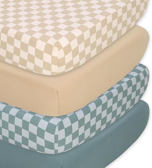 The Peanutshell 4-Pack Organic Fitted Crib Sheet Set - Soft & Breathable Baby Girl or Boy Crib Sheets, 100% Jersey Cotton Nursery Decor, Fit for Standard Mattress Cover- Check