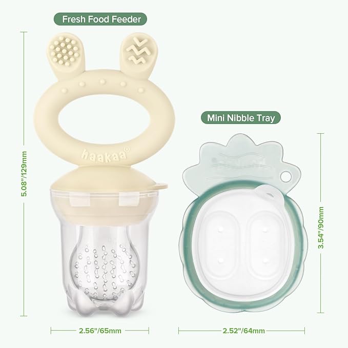 Haakaa Baby Fruit Food Feeder & Mini Freezer Nibble Tray Combo, Breastmilk Popsicle Molds for Baby Cooling Relief, BPA Free Silicone Feeder for Safe Infant Self Feeding, 4 Month+ (Oat)