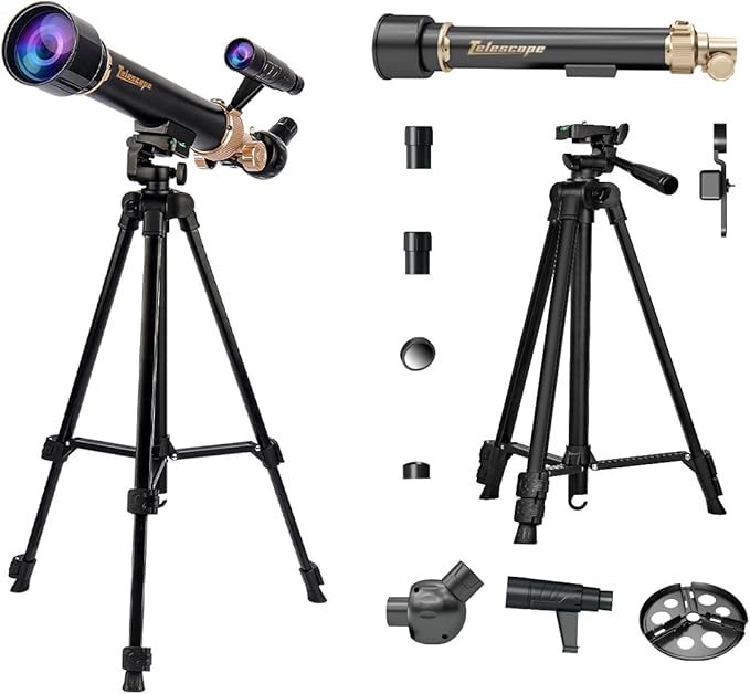 Telescope for Kids& Adults with 60X/30X Lenses, Adjustable Alloy Tripod, Mobile Phone Holder, 360° Gimbal Mount for Stargazing and Nature Viewing,Suitable for Astronomy Enthusiasts