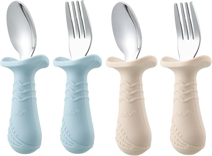 PandaEar Baby Toddler Fork and Spoon Utensil Set, 6 Pack Silicone Stainless Steel Silverware Spoon Fork for Babies Toddler, BPA Free with Silicone Holding Anti-Choke Design (Green Blue Brown)