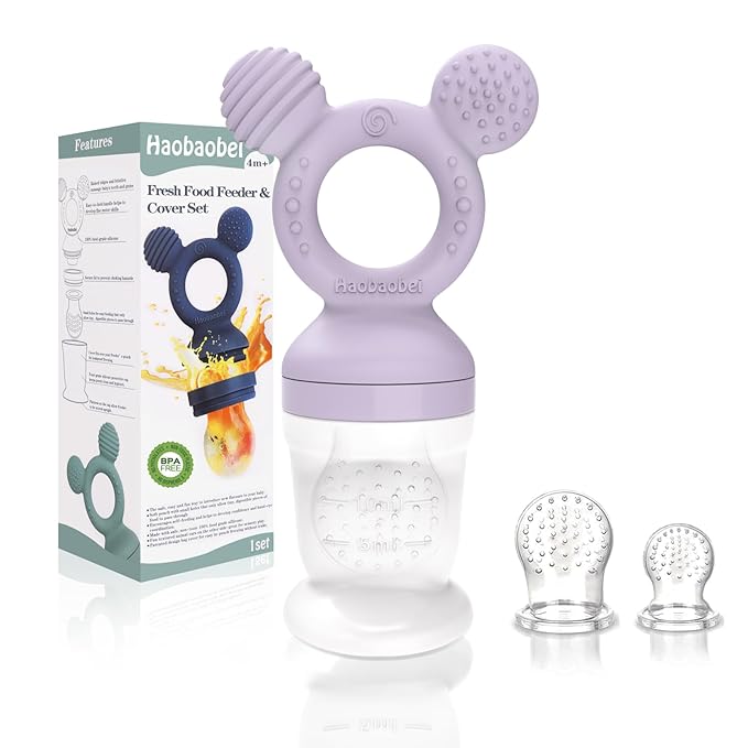 Baby Fruit Feeder, Frozen Teething Toys for Babies, Teether Pacifier with 3 Extra Teats, Eating Essentials, BPA Free Baby Feeding Supplies (Lavender)