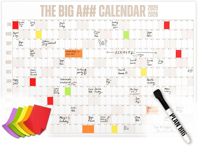 The Big A## Calendar Mid-Year Wall Planner – July to June Dry-Erase Board – Includes 1 Marker & 100 Labels – Lightweight, Easy to Hang Yearly Planner – Plan Goals & Adventures – Neutral, 4’x3’