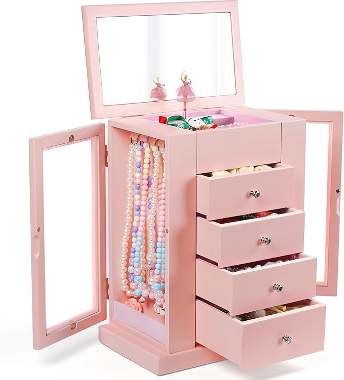 Jewelry Box for Girls, Musical Jewelry Box with Spinning Dancer Gifts for Little Girls Christmas New Year Birthday Children's Day, 5 Layer Large Wooden Kids Music Jewelry Organizer Box(Pink)