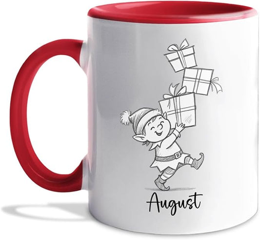 Elf With Box Coffee Mug Gift For Men Boy Grandson Christmas, Personalized Name Kids Accent Teacup, Customized Elf Travel Coffee Cup Gift For Nephew on Birthday Christmas, Elves White Mug 11 Oz 15 Oz