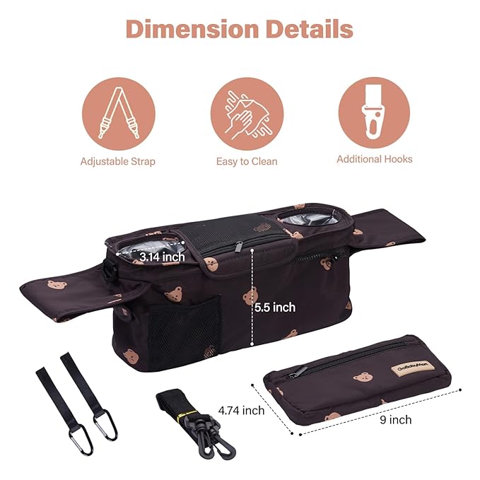 Universal Stroller Organizer with Cup Holders, Detachable Wristlet | Fits All Strollers | Stroller Diaper Bag Organizer with Phone Pocket, Insulated Bottle Holder & Storage Compartments