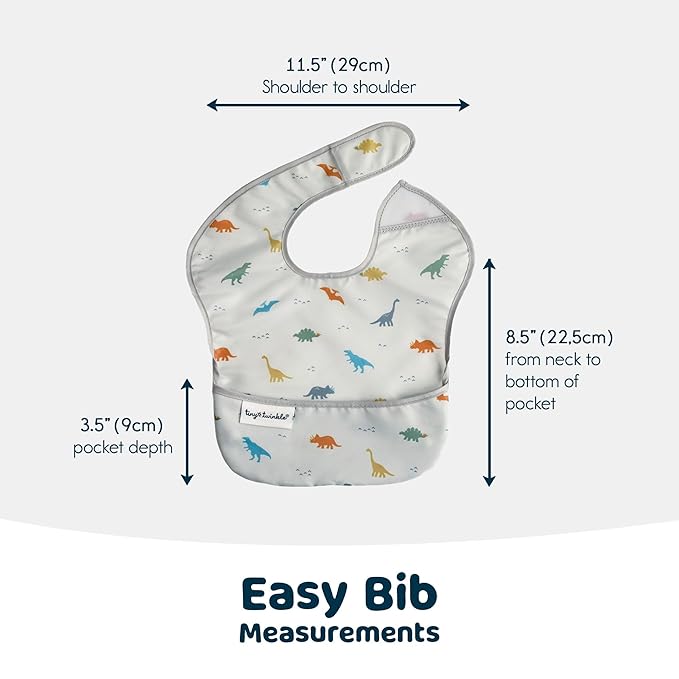 Tiny Twinkle Mess Proof Baby Bibs for Eating - Waterproof, Wipeable Bibs - Toddler Bib- Travel Friendly - PFAS, PVC, BPA, Phthalate Free - Baby Food Bib (3 Pack,Dinosaur)