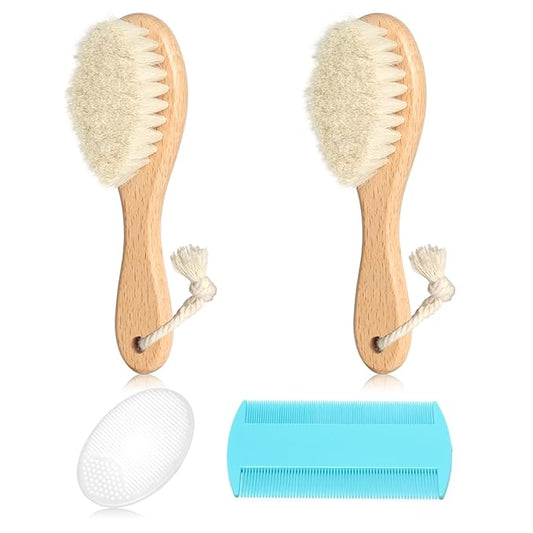 Baby Hair Brush and Comb Set, 2pcs Wooden Natural Goat Bristles Brush+ Blue Comb+ White Cradle Cap Brush Grooming Kit for Newborns Toddlers Boys Girls