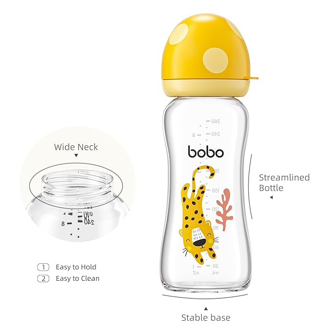 YOHKOH Natural Glass Baby Bottle with Natural Response Nipple, Newborn Anti-Colic Baby Bottles, Wide Neck Mushroom Cap Baby Bottle, Clear (8.8ounce (Pack of 4), Yellow2)