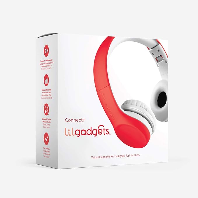 LilGadgets Connect+ Wired Kids Headphones for School with Mic, Volume Limited & Noise Reduction, On-Ear Headset with Cord, SharePort Technology for Multiple Kids & SoftTouch Padding, Red