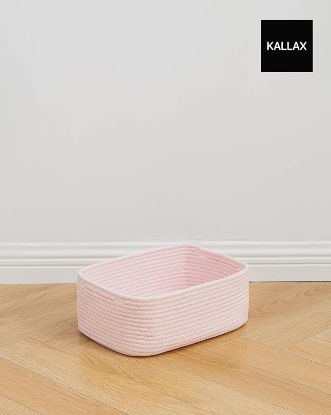 KALLAX Small Woven Basket, 13.5 x 9.5 x 5 Inches, Storage Basket for Organizing, Cute Small Rope Shelf Closet Cube Storage Bins Baskets for Shelves, Dog Toy Gift Baskets Empty, 3 Pack Light Pink