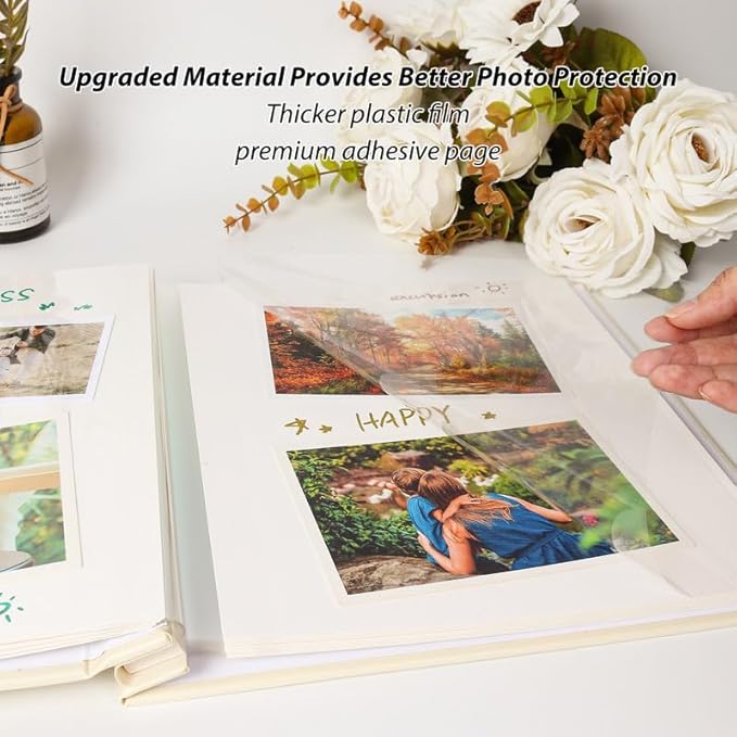 RECUTMS Photo Album Self Adhesive with Round Window 4x6 5x7 6x8 8x10 Magnetic Scrapbook with 40 Pages Leather Cover DIY Photo Album with Metallic Pen and Scraping Plate (Begie)