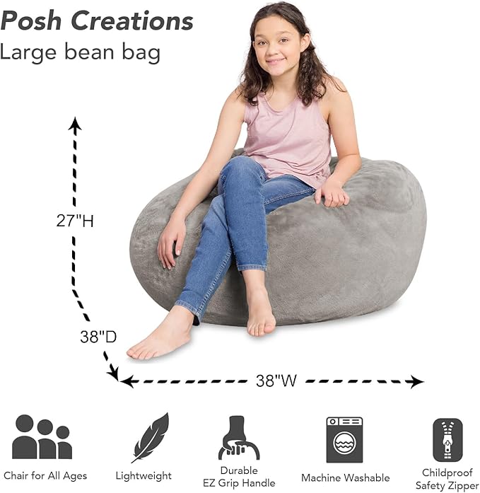 Posh Creations Bean Bag Chair for Kids, Teens, and Adults Includes Removable and Machine Washable Cover, Soft Faux Rabbit Fur - Gray, 38in - Large