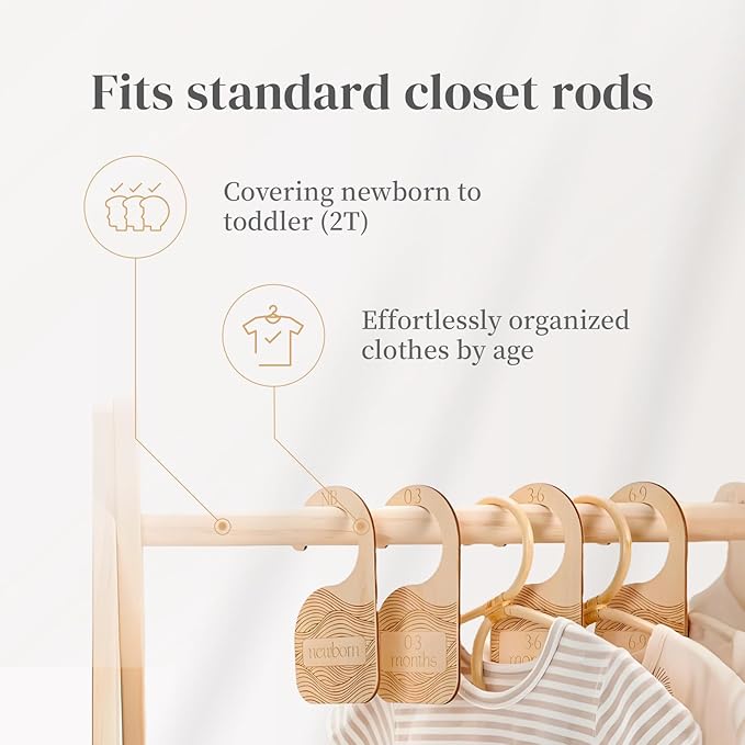 Whitluck's Baby Closet Dividers - 8-Pack Double-Sided Wooden Hangers for Organizing Baby Clothes from Newborn to 24 Months (Infant to Toddler) - Cute and Functional Nursery Decor for Boys and Girls