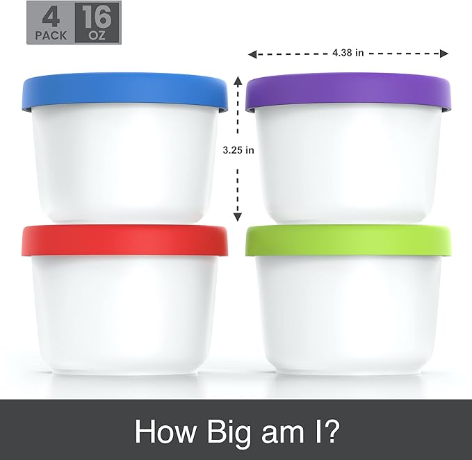 BALCI - 16oz Ice Cream Containers with Silicone Lids (Set of 4) - 1 Pint Each Freezer Food Storage Containers, Reusable, LeakProof, For Homemade IceCream Containers - Blue, Red, Green, Purple