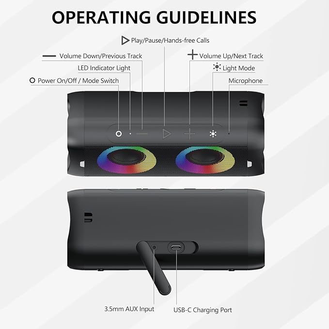 DONOW Portable Bluetooth Speaker with Lights, 30W Stereo Sound, Bass Boost, IPX5 Waterproof, 20H Playtime, Built-in Mic, Speakers Bluetooth Wireless for Home, Party, Outdoor, Travel(Black)