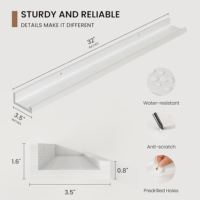 Picture Ledge Shelf, Solid Pine Wood Floating Shelves Set of 2, 32 Inches Nursery Book Shelves for Toys Storage, Kids Bookshelf Wall Mounted for Living Room Bedroom Decor Books Photo Frames, White