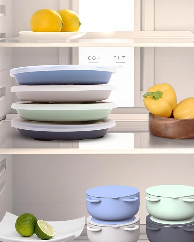 Stainless Steel Toddler Suction Plate with Lid, Deepened 9" Divided Plates with Removable Silicone Sleeves for Kids, Non Toxic Unbreakable Snack Dishes Set of 4, Sage Blue Gray Navy