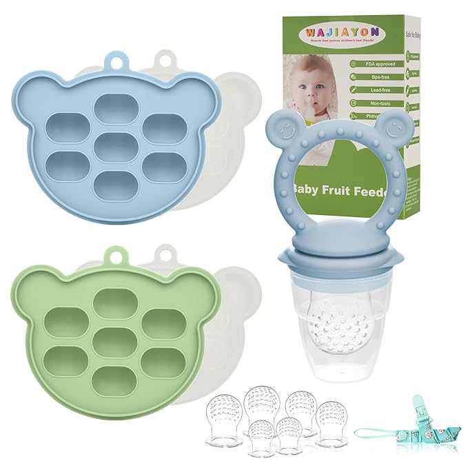 WAJIAYON Baby Breastmilk Popsicle Molds & Baby Fruit Feeder, Infant Food Freezer Tray Storage Containers, Silicone Teething Pacifier Feeder and Teether for Babies,Shower Gifts for Boys and Girls-Blue