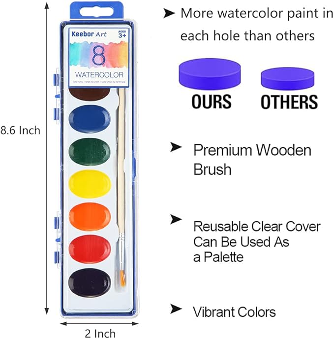 8-Color Watercolor Paint Set for Kids, 36 Pack Washable Watercolors Bulk for Party Favors, Gifts, Classroom Supplies (Wooden Paintbrushes Included)