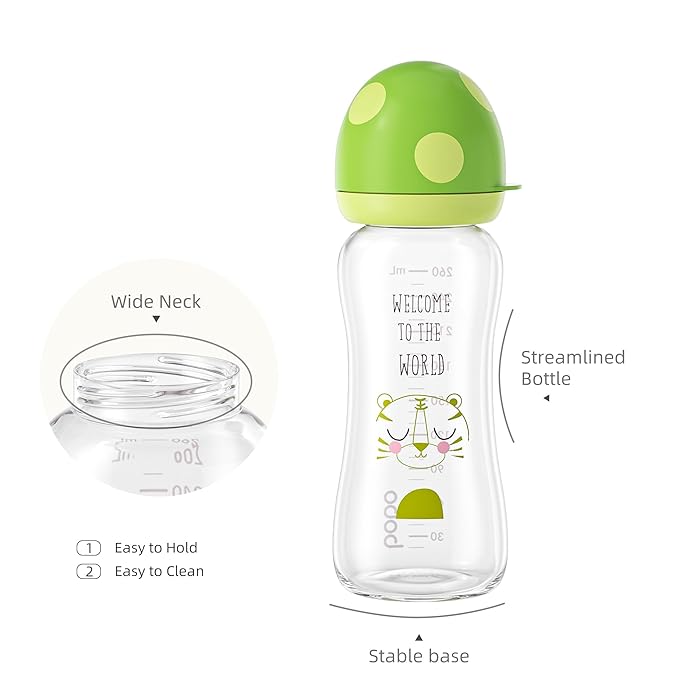 YOHKOH Natural Glass Baby Bottle with Natural Response Nipple, Newborn Anti-Colic Baby Bottles, Wide Neck Mushroom Cap Baby Bottle, Clear (8.8ounce (Pack of 4), Green1)