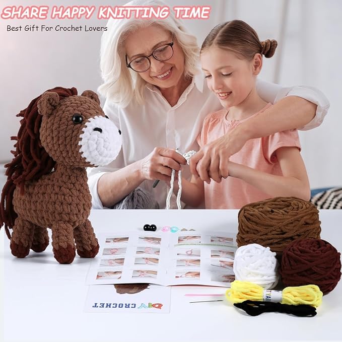 Crochet Animal Kit–10in Big Adorable HORSE, Amigurumi Crochet Kit For Intermediate Advanced level, Kids Knitting Kit With Detailed Videos Tutorials, Yarn, Crochet Hook, Best Gift For Crochet Lovers