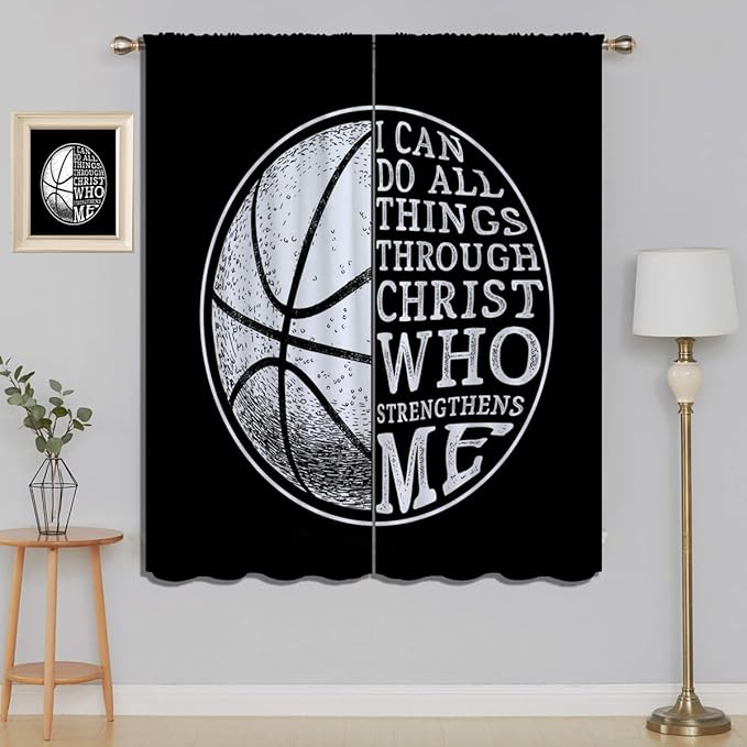 Basketball Blackout Curtains for Boy Girl Room Darkening Decor,Sport Theme and White Motto Dark Background Bedroom Living Room Home Rod Pocket Thermal Insulated Window Curtain/Drapes Panel,84x63 Inch…