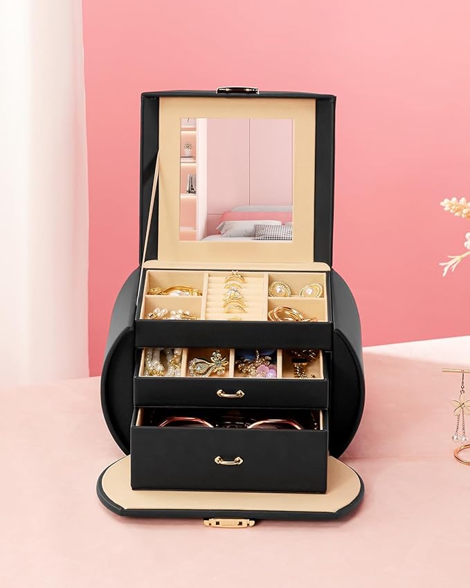 Homde Girls Jewelry Box Jewelry Storage Case Organizer with Mirror for Rings, Earrings, Bracelets, Necklaces (Black + Gold)
