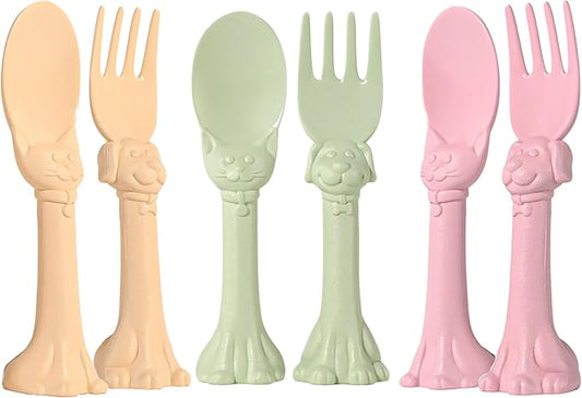 Made in USA Spoon la la Toddler Utensils Set - 6 Pack (3 Spoons & 3 Forks for Kids) - Self-Standing 3D Ergonomic Cat & Dog Handles - BPA-free, Dishwasher Safe, Baby Silverware (Pink, Yellow, Mint)