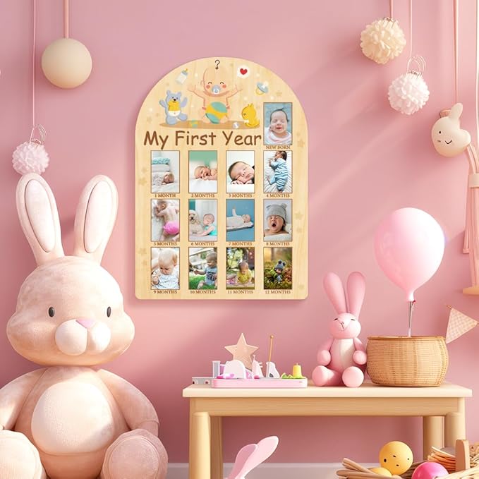 ORIGACH My First Year Baby Growth Photo Display Wood Board - 12 Months Newborn Milestones Photo Board - Neutral Baby Keepsake Frame 1st Birthday Party Nursery Decor New Mom Gift - Baby Bear & Duck